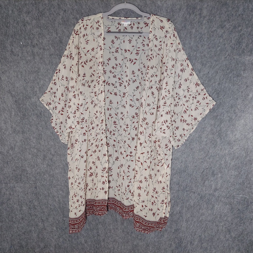 LuLaRoe Daphne Overlay Cover Kimono M Cream Red Floral Open Lightweight Cardigan